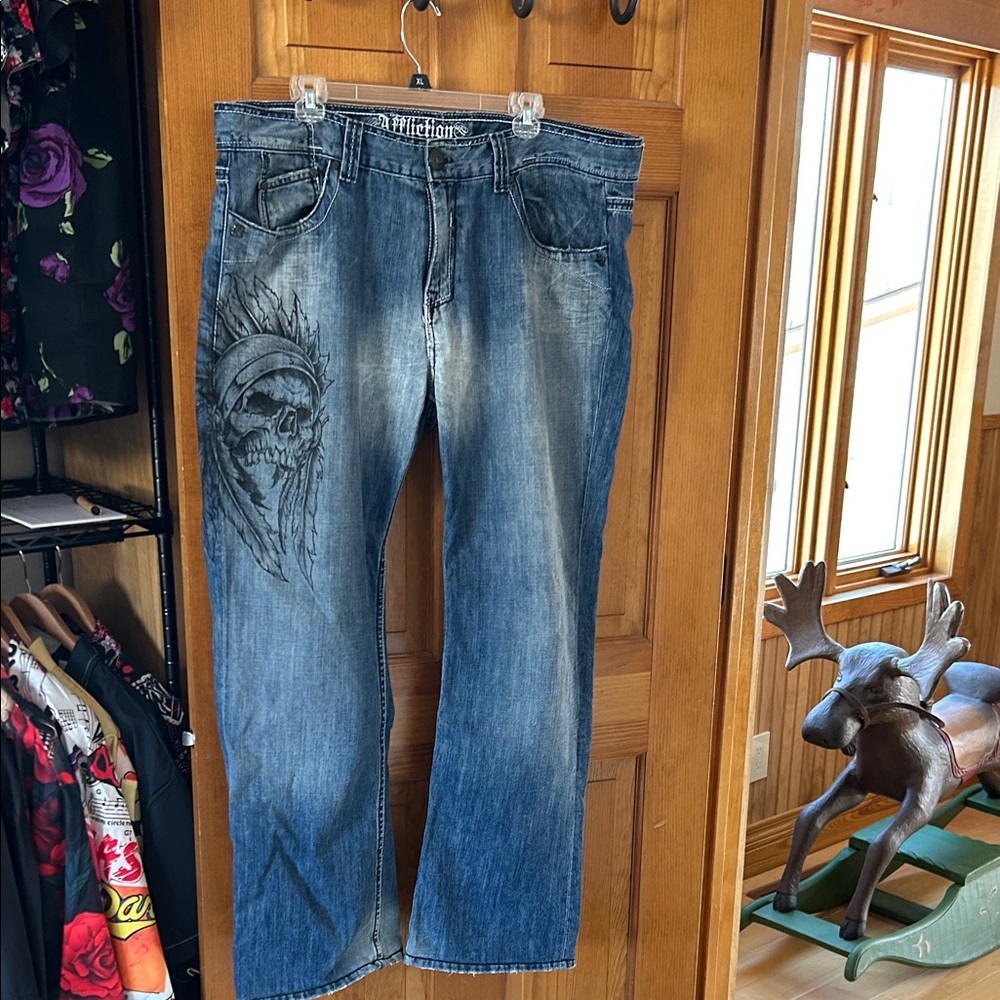 Affliction Men's Relaxed Blue Jeans with Skull Graphic